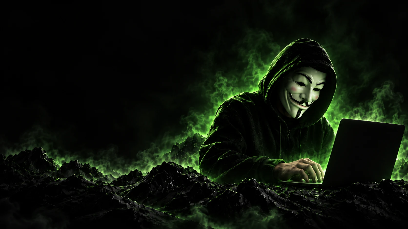 Figura encapuzada com máscara Anonymous usando um notebook, iluminada em verde